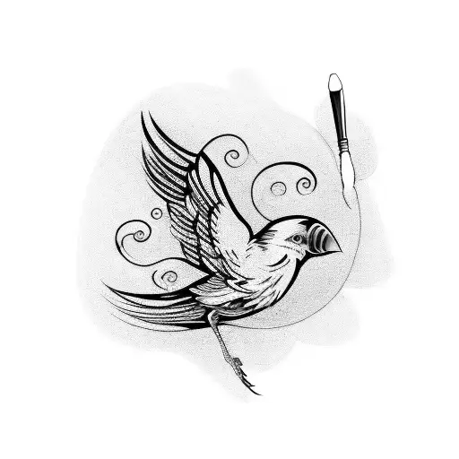 Blackwork design of a paintbrush transforming into a bird tattoo design idea