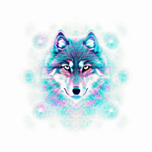 A cosmic montage of stars and galaxies forming the shape of a wolf, with vintage cameras scattered around tattoo design idea