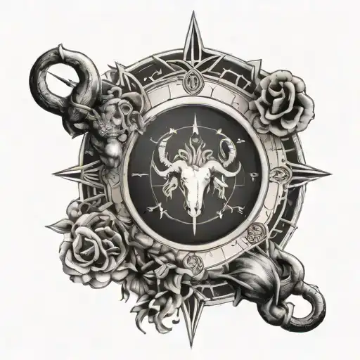 aries and taurus zodiac signs combined with a compass tattoo design idea