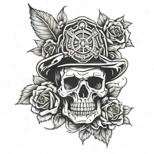 firefighter skull with roses and lighthouse  tattoo design idea