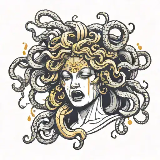 a black and white statue of medusa crying gold tears  tattoo design idea