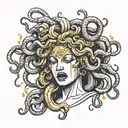 a black and white statue of medusa crying gold tears  tattoo design idea