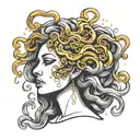 a black and white statue of medusa crying gold tears  tattoo design idea
