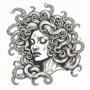 a black and white statue of medusa crying gold tears  tattoo design idea