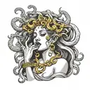 a black and white statue of medusa crying gold tears  tattoo design idea