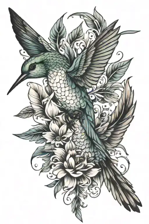 humming bird and feathers tattoo design idea