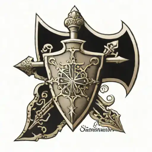 sheild with cross, with words that say "against all adversity" tattoo design idea