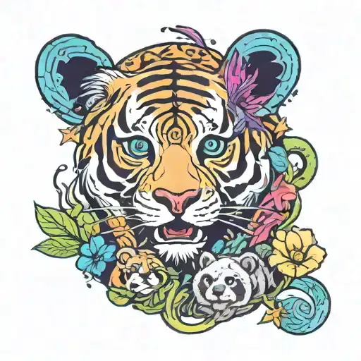 A new-school tattoo design incorporating a whimsical and colorful illustration of a variety of endangered species, such as pandas, tigers, and polar bears, to raise awareness for animal conservation and veganism tattoo design idea