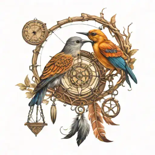 Dream catcher and hourglass compass bird tattoo design idea