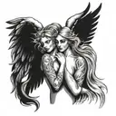 four babes angel with woman angel holding tattoo design idea