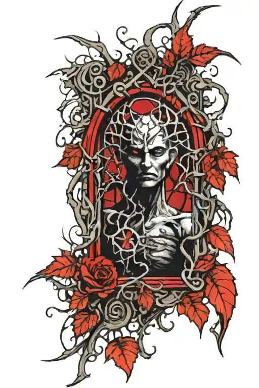 vines with thorns, gothic window with cracked stained glass and a demonic figure on the wrist a pagan rune tattoo design idea
