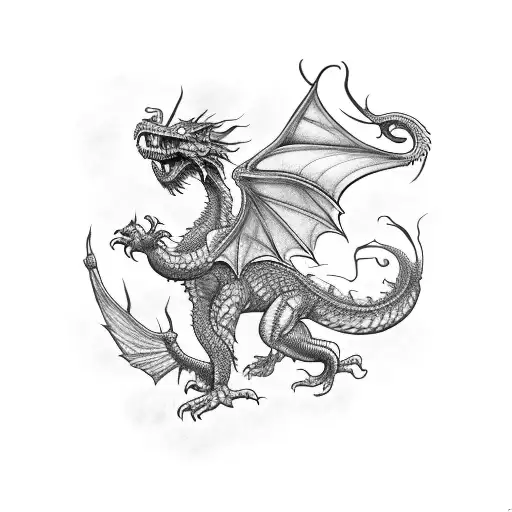 Vertical dragon ready to take flight with the wings open tattoo design idea