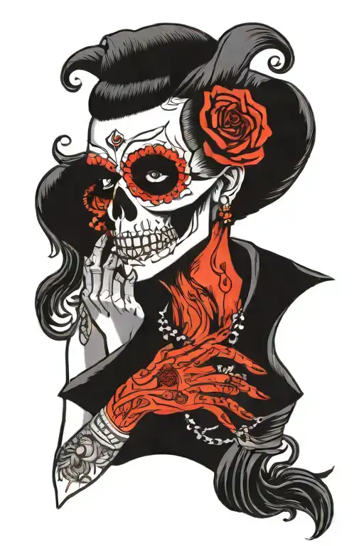 A skull with a womans hand grasping the chin tattoo design idea
