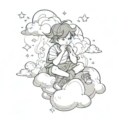A sad boy in a Disney-style drawing is crying sitting on a cloud, a bong and a full-length bump are flying nearby tattoo design idea