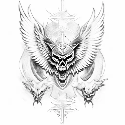 chest piece sketchy blackwork wings wide open, and two wolves showing their fangs, a skull with a crown in the center  tattoo design idea