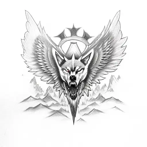 chest piece sketchy blackwork wings wide open, and two wolves showing their fangs, a skull with a crown in the center  tattoo design idea