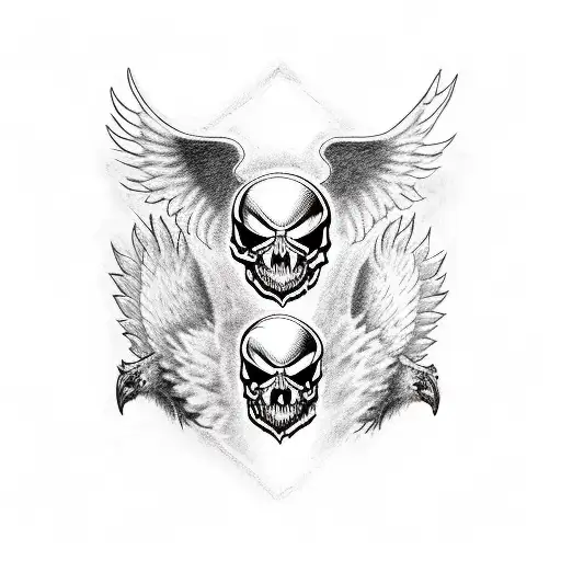 chest piece sketchy blackwork wings wide open, and two wolves showing their fangs, a skull with a crown in the center  tattoo design idea