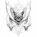 chest piece sketchy blackwork wings wide open, and two wolves showing their fangs, a skull with a crown in the center  tattoo design idea