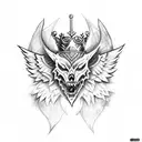 chest piece sketchy blackwork wings wide open, and two wolves showing their fangs, a skull with a crown in the center  tattoo design idea