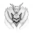 chest piece sketchy blackwork wings wide open, and two wolves showing their fangs, a skull with a crown in the center  tattoo design idea