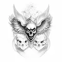 chest piece sketchy blackwork wings wide open, and two wolves showing their fangs, a skull with a crown in the center  tattoo design idea
