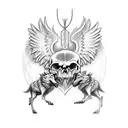 chest piece sketchy blackwork wings wide open, and two wolves showing their fangs, a skull with a crown in the center  tattoo design idea