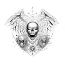 chest piece sketchy blackwork wings wide open, and two wolves showing their fangs, a skull with a crown in the center  tattoo design idea