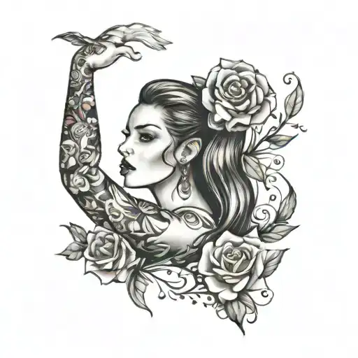 sleeve tattoo for a woman to demonstrate her life. Raised by a single mom who is her best friend. Grandfather raised her tattoo design idea