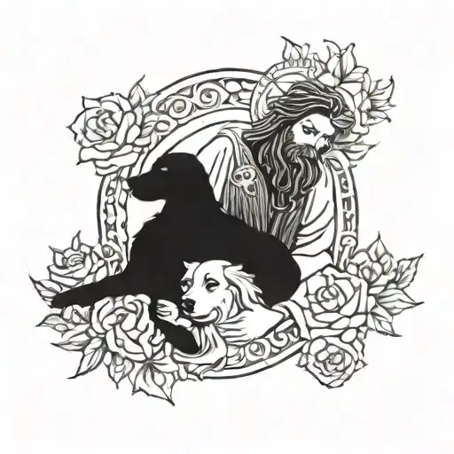 A tattoo design featuring Jesus embracing your husband and dog, symbolizing the importance of family and faith in your life tattoo design idea