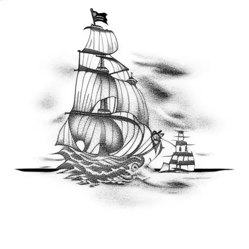 Pirate Ship with mermaid sitting on rock in the distance tattoo design idea