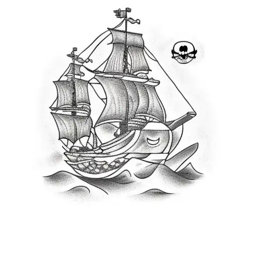 Pirate Ship with mermaid sitting on rock in the distance tattoo design idea