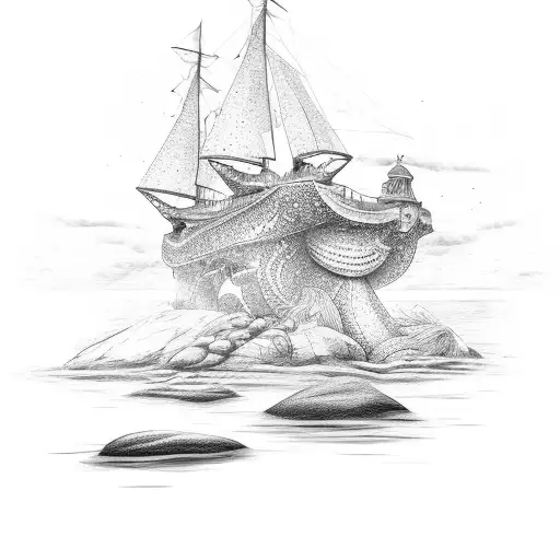 Ship with mermaid sitting on rock in the distance tattoo design idea