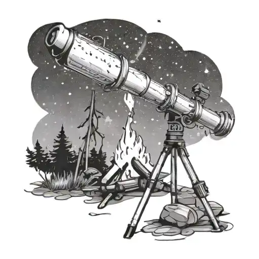 A cozy campfire under a starry sky with a telescope observing the cosmos tattoo design idea