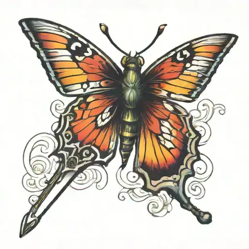masculine butterfly landing on a sword hilt tattoo design idea