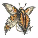 masculine butterfly landing on a sword hilt tattoo design idea