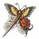 masculine butterfly landing on a sword hilt tattoo design idea