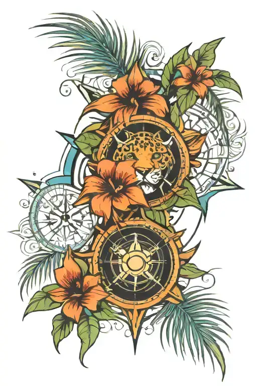 Jaguar palm trees compass rose intertwined tattoo design idea