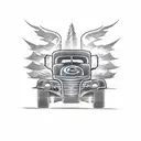 A tattoo design featuring a packer/loader truck morphing into a motorcycle, symbolizing your transition from your occupation to your passion for motorcycles tattoo design idea