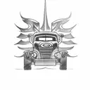 A tattoo design featuring a packer/loader truck morphing into a motorcycle, symbolizing your transition from your occupation to your passion for motorcycles tattoo design idea