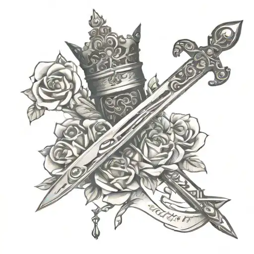 long broad sword with crown hanging on hilt with rose up blade and a book with the words "Integrity" and "Honour" in it  tattoo design idea