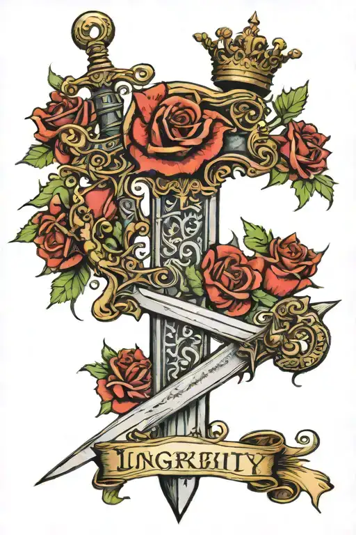 broad sword standing with crown on hilt and roses up blade and an old book at bottom with words "lntegrity" and "Honour" tattoo design idea