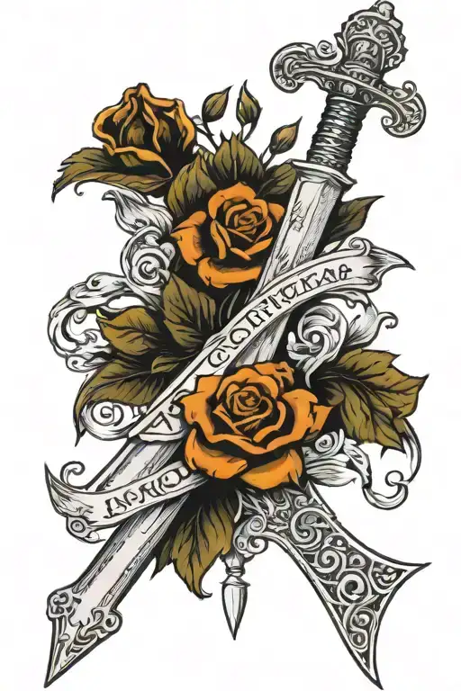 broad sword standing with crown on hilt and roses up blade and an old book at bottom with words "lntegrity" and "Honour" tattoo design idea