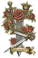 broad sword standing with crown on hilt and roses up blade and an old book at bottom with words "lntegrity" and "Honour" tattoo design idea