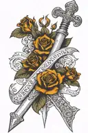 broad sword standing with crown on hilt and roses up blade and an old book at bottom with words "lntegrity" and "Honour" tattoo design idea