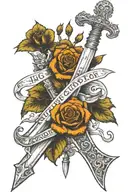 broad sword standing with crown on hilt and roses up blade and an old book at bottom with words "lntegrity" and "Honour" tattoo design idea