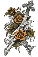broad sword standing with crown on hilt and roses up blade and an old book at bottom with words "lntegrity" and "Honour" tattoo design idea