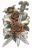 broad sword standing with crown on hilt and roses up blade and an old book at bottom with words "lntegrity" and "Honour" tattoo design idea