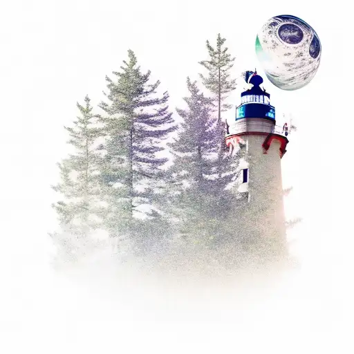 ethereal spaceman, forarm, disintergrating feather, lighthouse, looking up at the sky, pine trees tattoo design idea