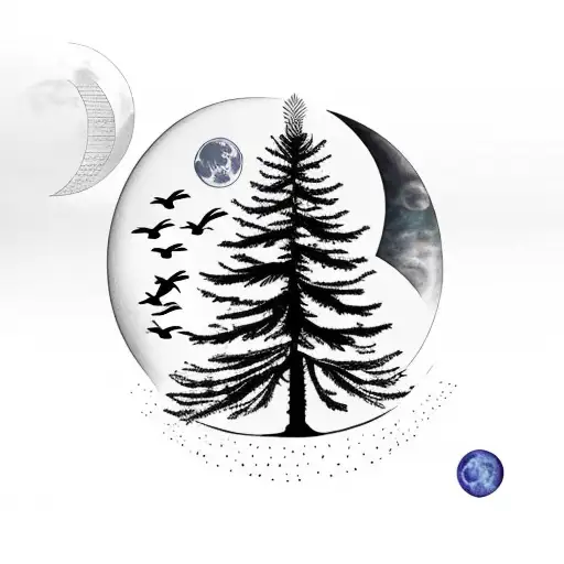 fir tree with birds and moon tattoo design idea