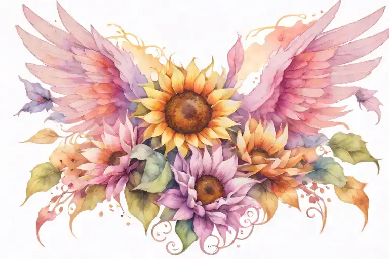 sunflowers with pink and purple angel wings sitting tattoo design idea